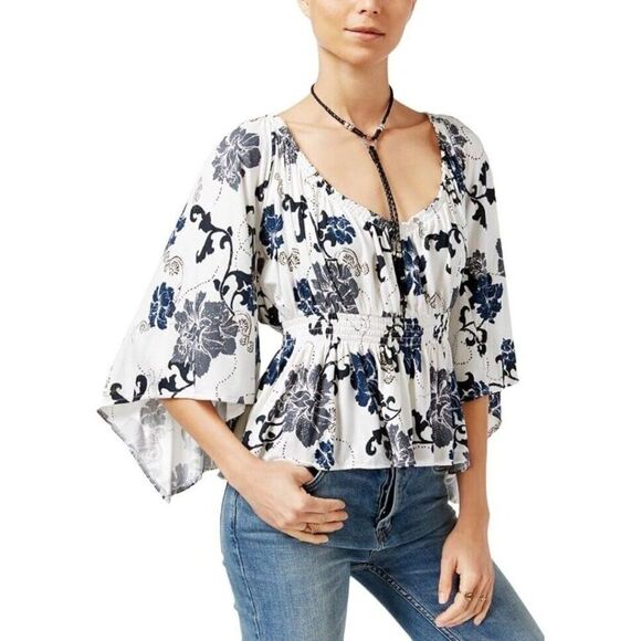 Free People Womens Floral Angel Sleeves Blouse Small - Picture 1 of 9